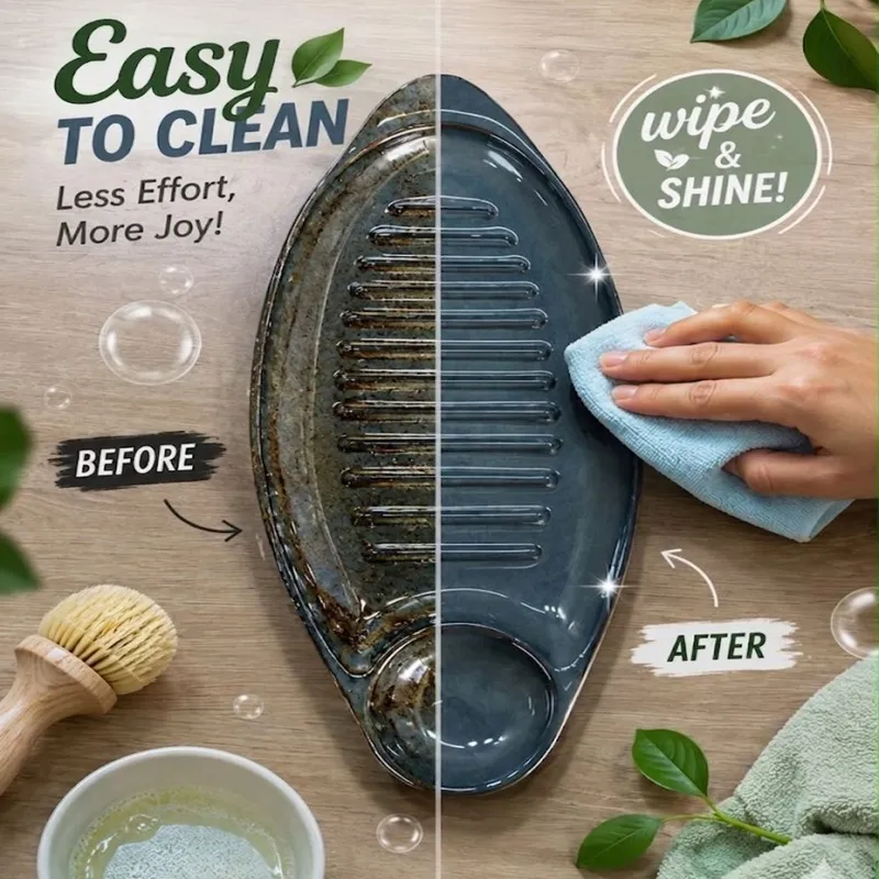 Blue oval platter shown being wiped clean with a cloth