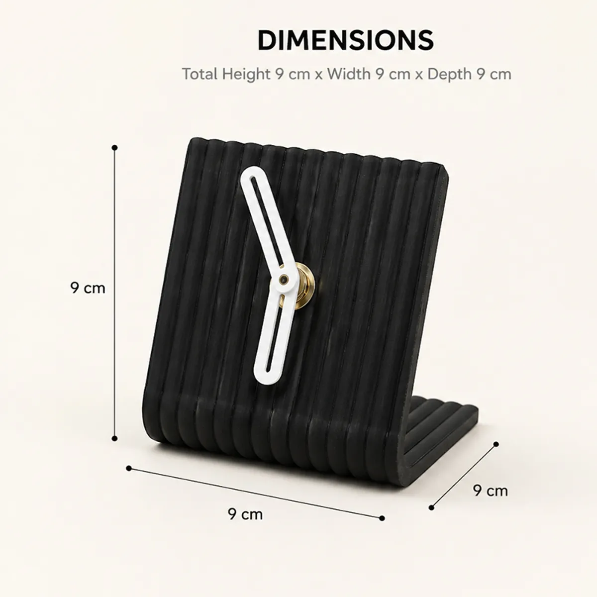 Black ribbed arch table clock shown with dimension markings on a plain background