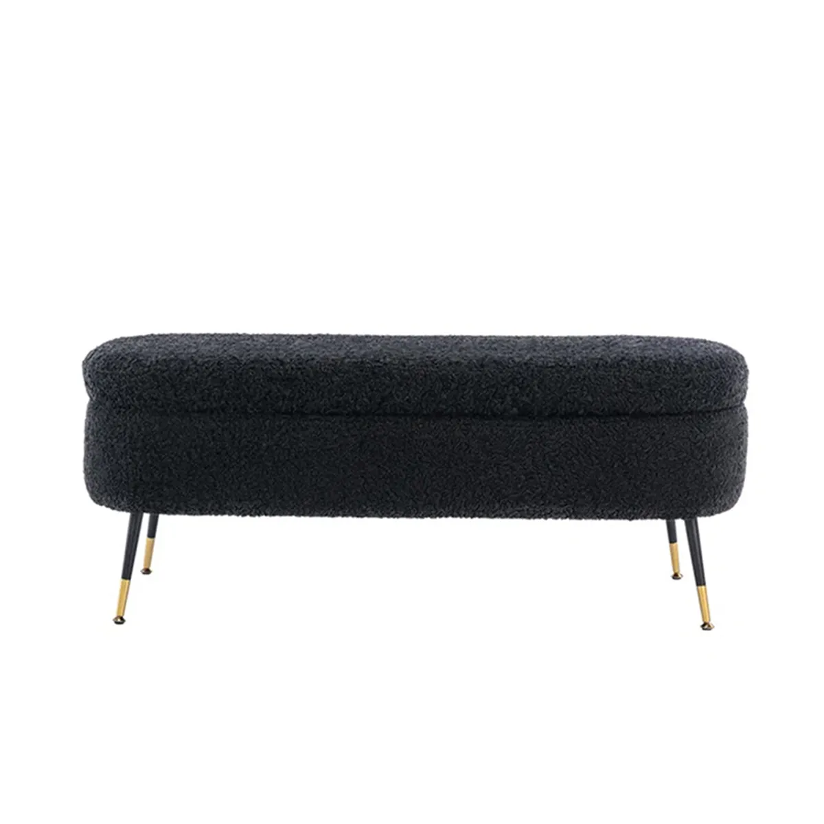 Front view of a dark grey rectangular upholstered bench with metal legs