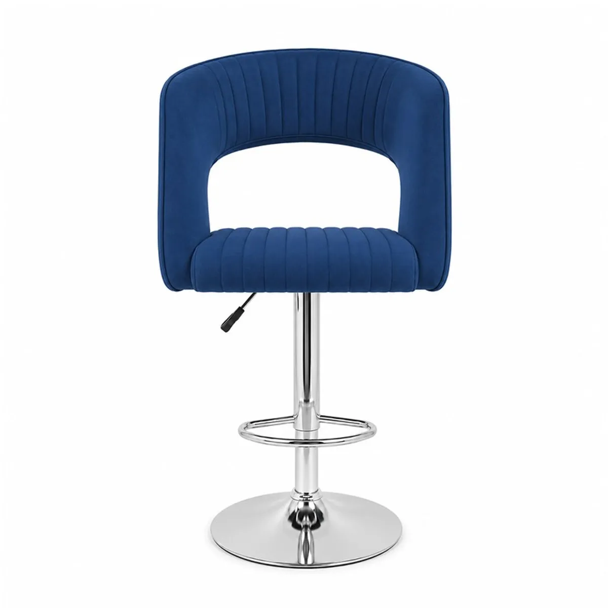 Front view of blue upholstered bar chair with chrome pedestal base