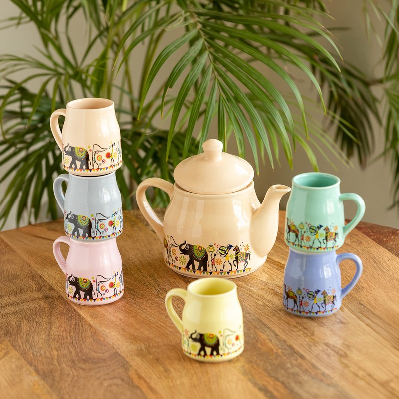 Elephant Moti Ceramic Tea Set & Pots - Seven Piece Set