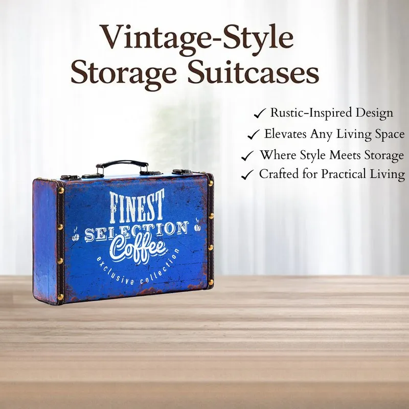 Blue vintage-style suitcase storage box with typographic print