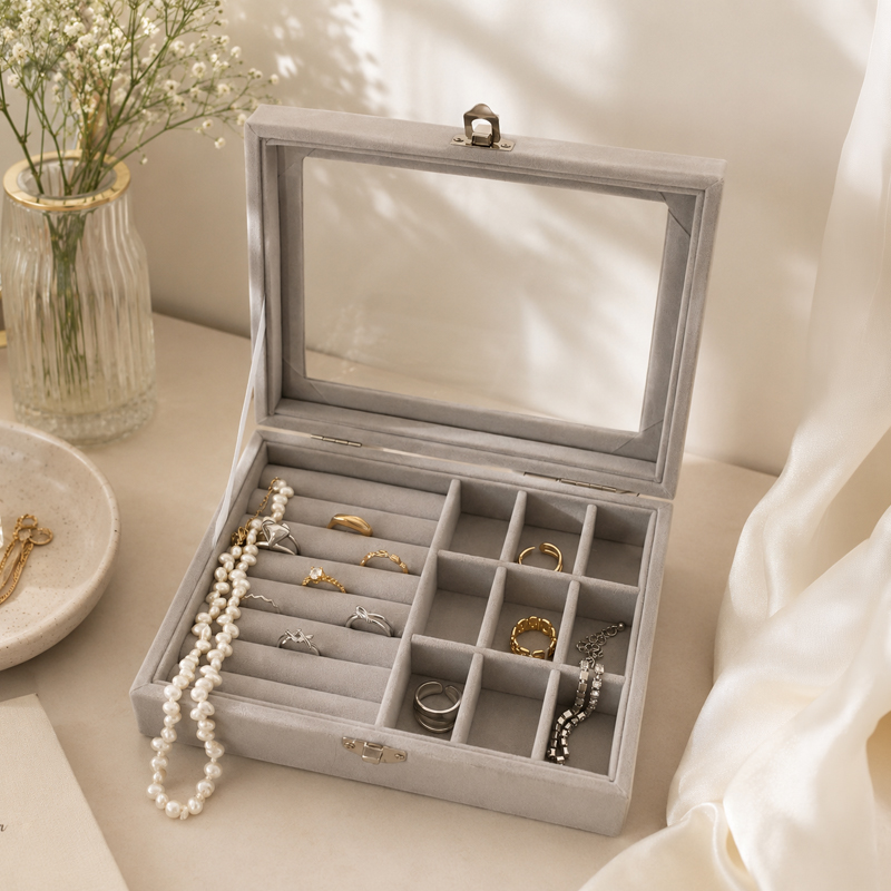 Petaluxe Ornament Synthetic Fibre Jewelbox - Grey