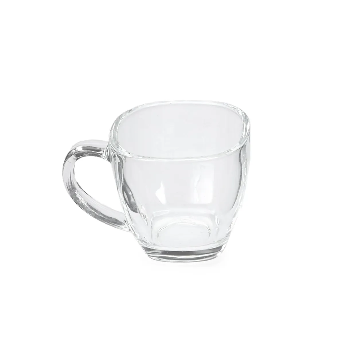 Single transparent glass tea cup with a curved handle on a white background.
