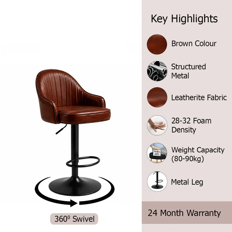 Brown ribbed bar chair with black base and footrest ring