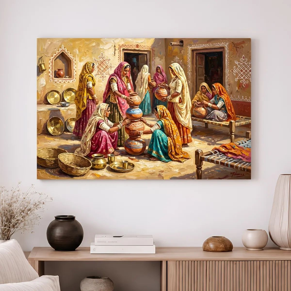 Large multicolour village life canvas painting hung above a sideboard