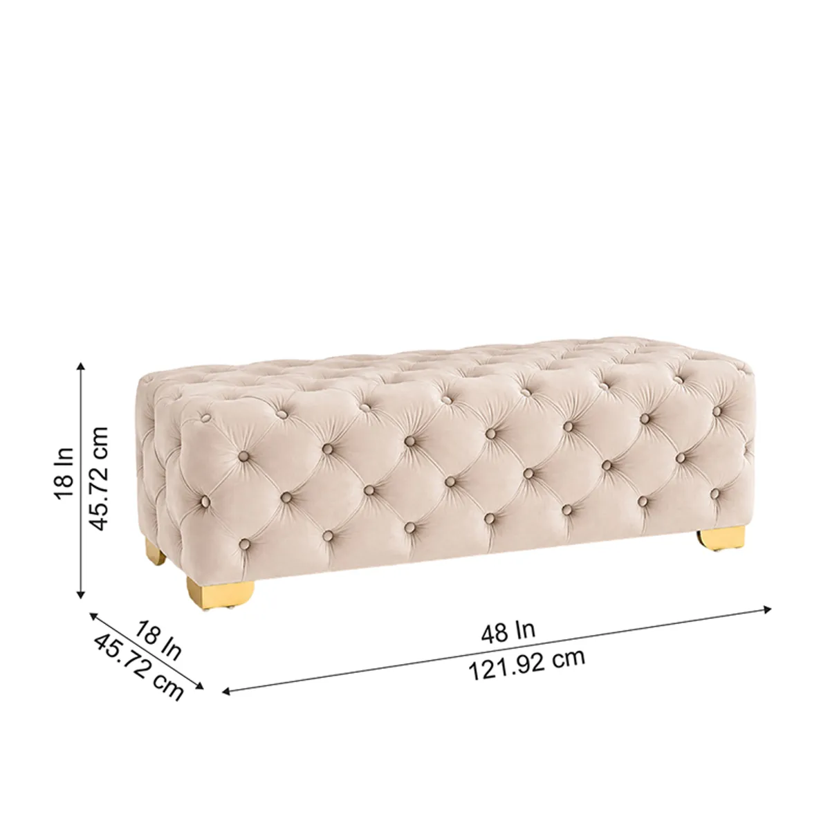 Beige tufted bench shown with labelled dimensions of 48 x 18 x 18 inches.