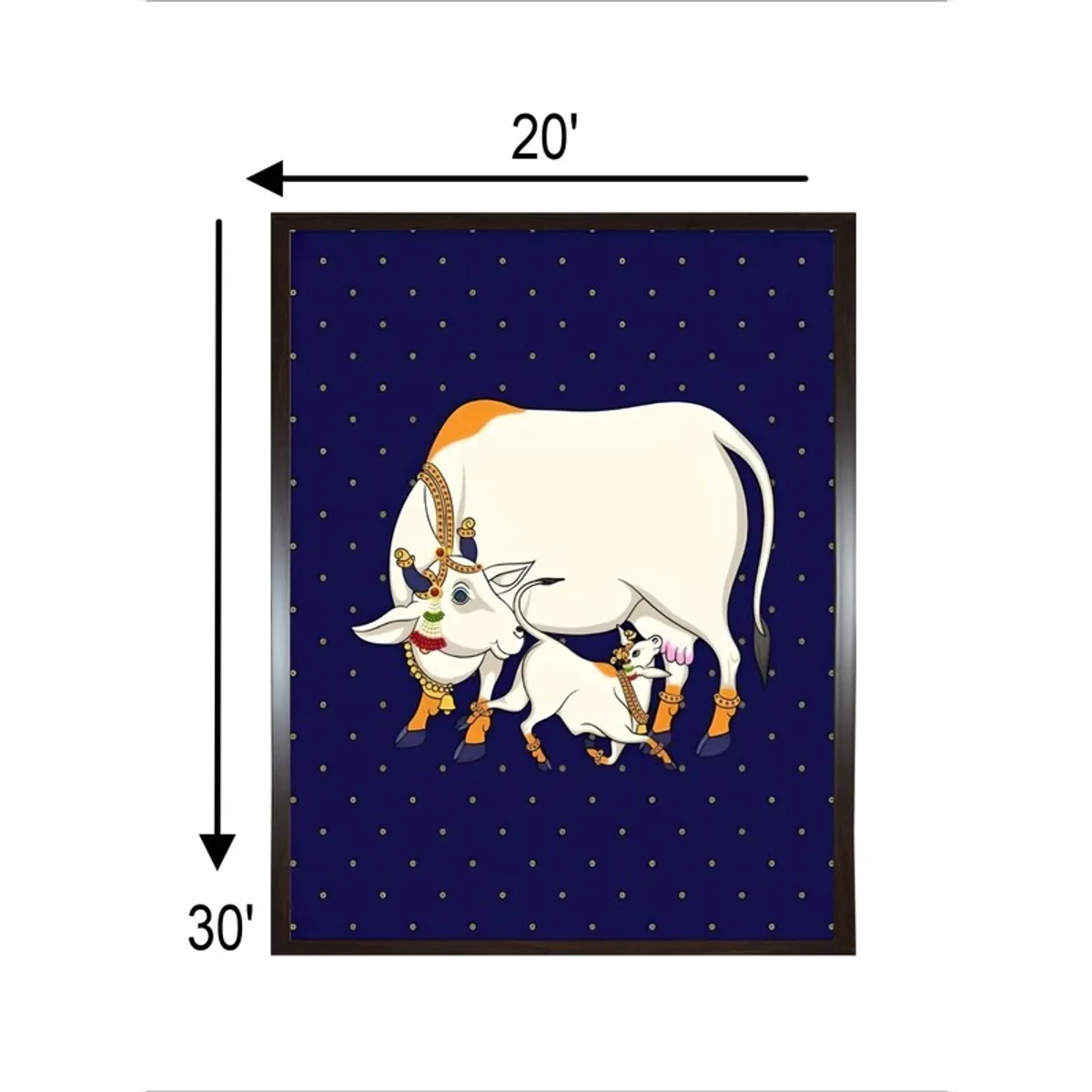 Framed mother and calf wall painting with dimensions shown in the image