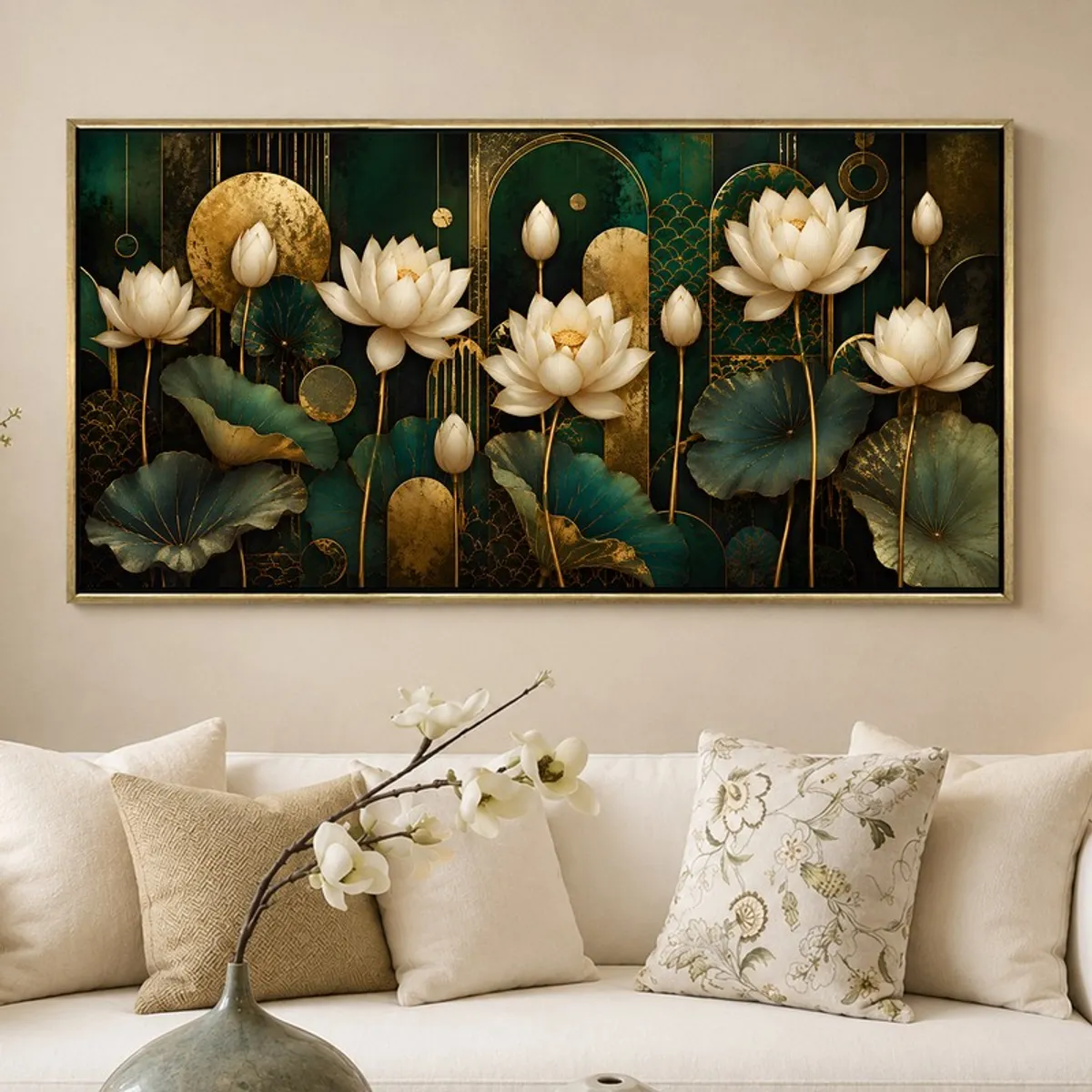 Large rectangular lotus wall painting with gold frame displayed above a cream sofa