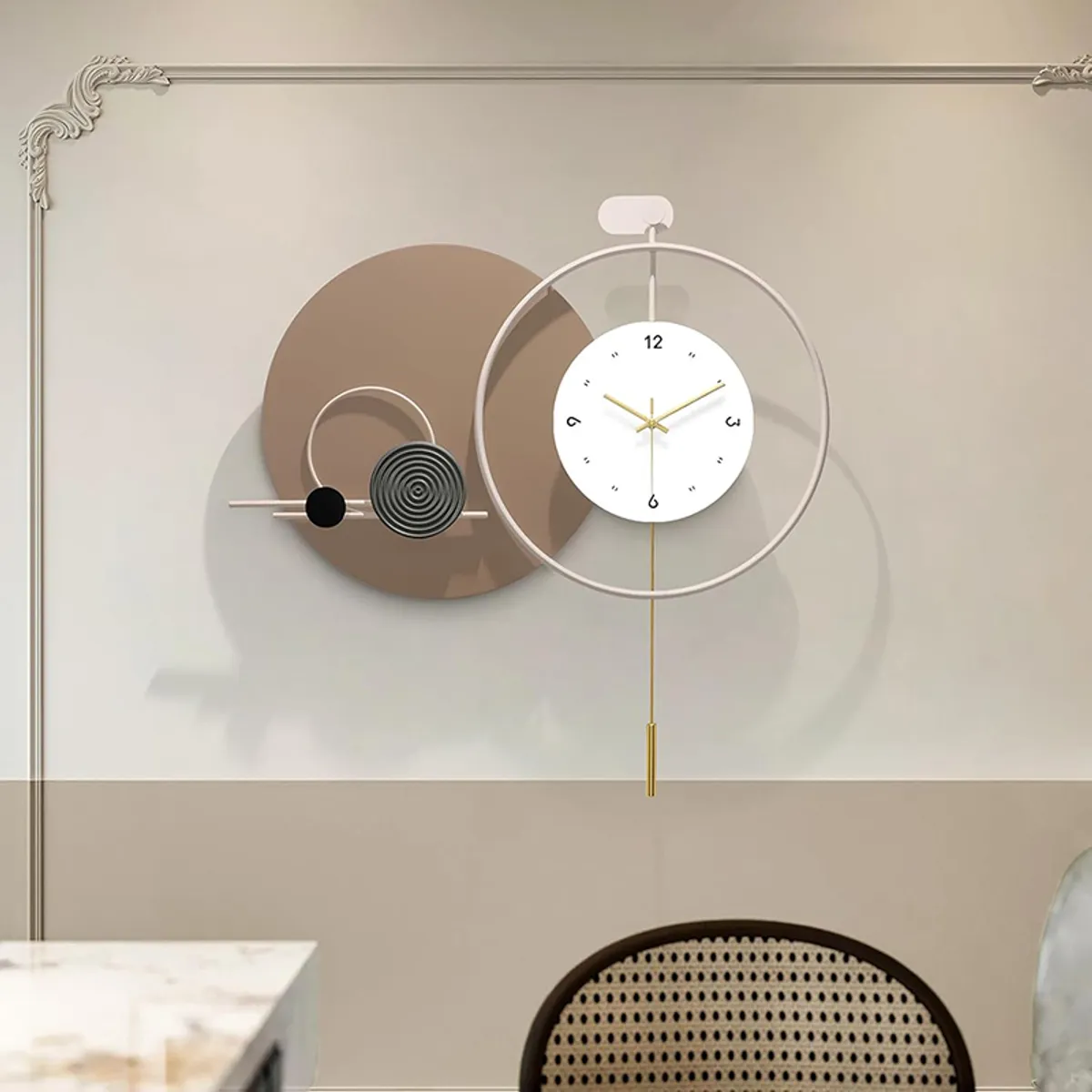 Contemporary abstract wall clock with layered round forms mounted on a wall