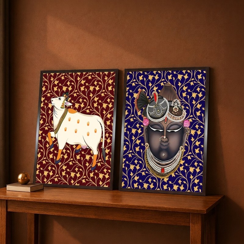 Cow Krishna Duo Canvas Wall Painting Set