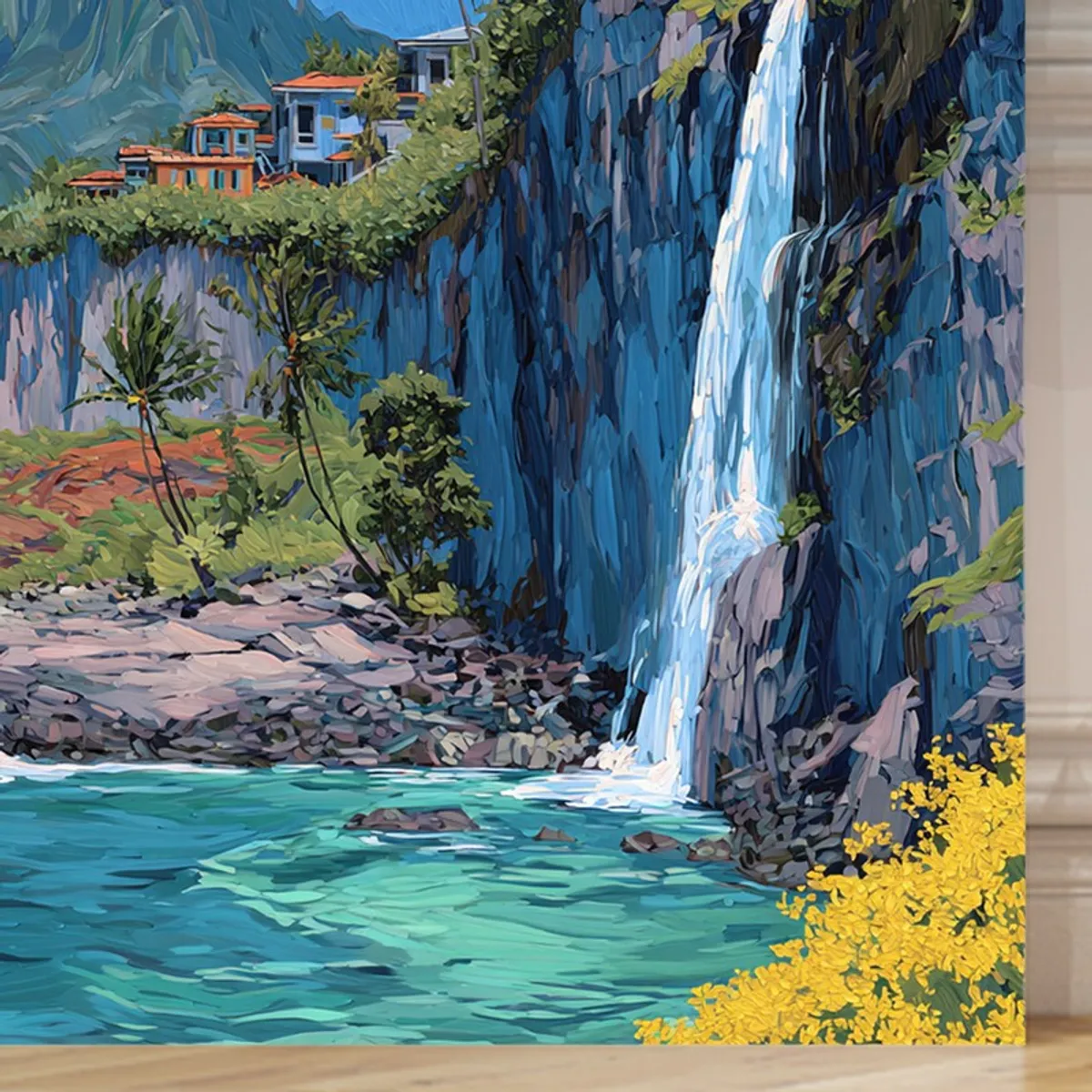 Close-up of the waterfall and blue lagoon in the canvas wall painting