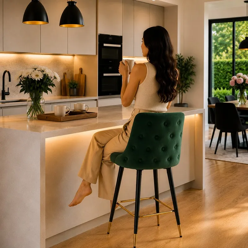 Woman seated on a green upholstered bar chair at a modern kitchen counter
