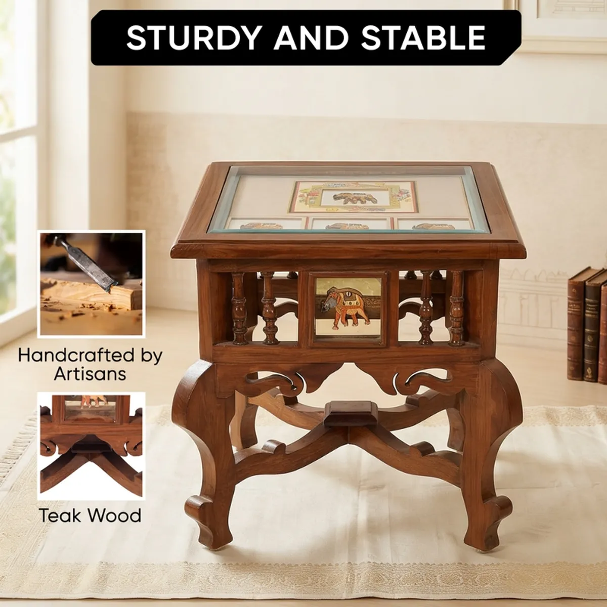 Front view of a brown teak wood side table with a square top and carved base