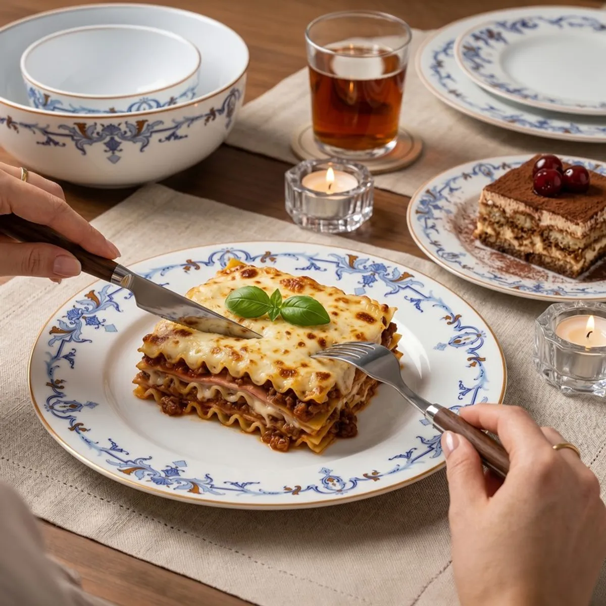 Blue and white patterned dinner plate in use with a meal on a dining table