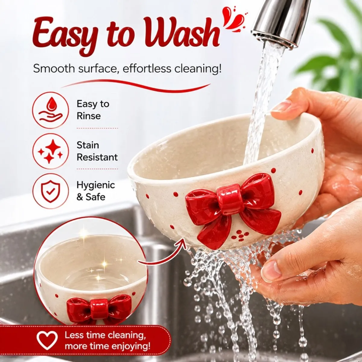 Hand washing the glossy red bow ceramic bowl under running water.