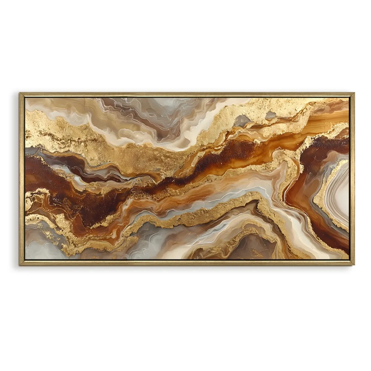 Rectangular framed abstract wall painting with flowing gold and brown marbled design