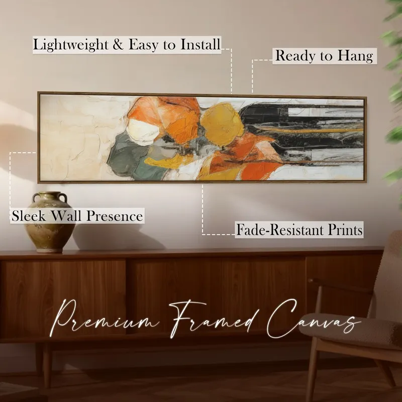 Framed abstract canvas wall art shown with promotional text overlay