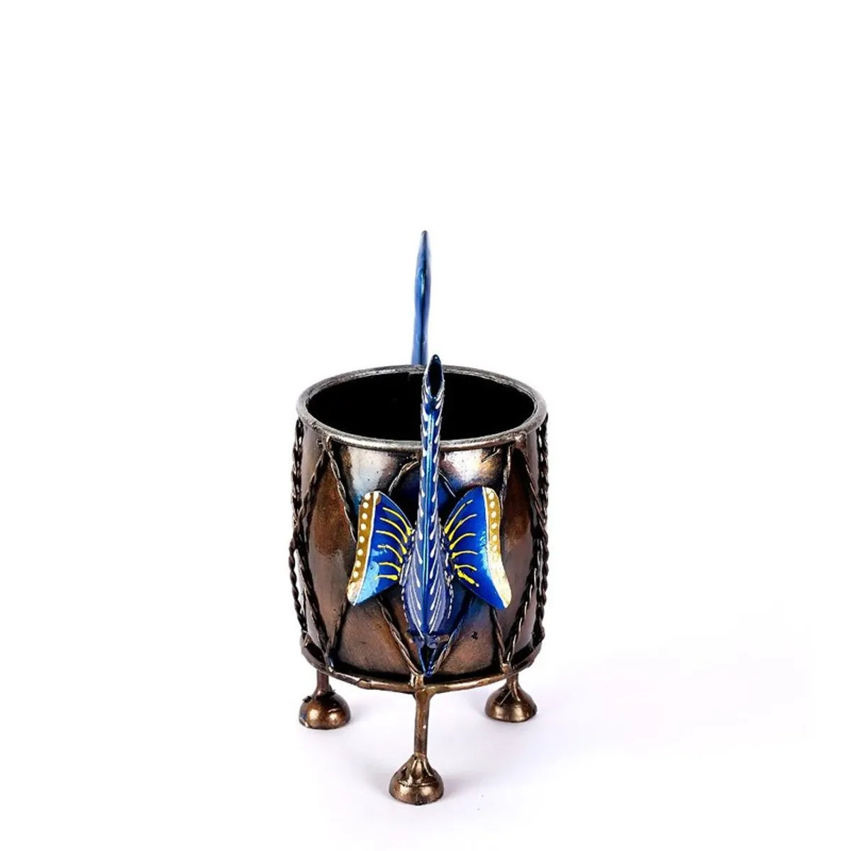 Side view of metal pen stand with raised blue elephant motif