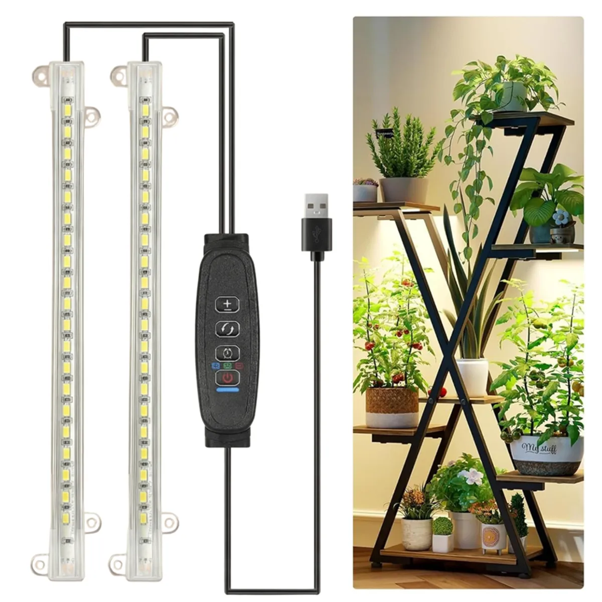 Black two-head LED grow light with controller and USB cable beside indoor plants