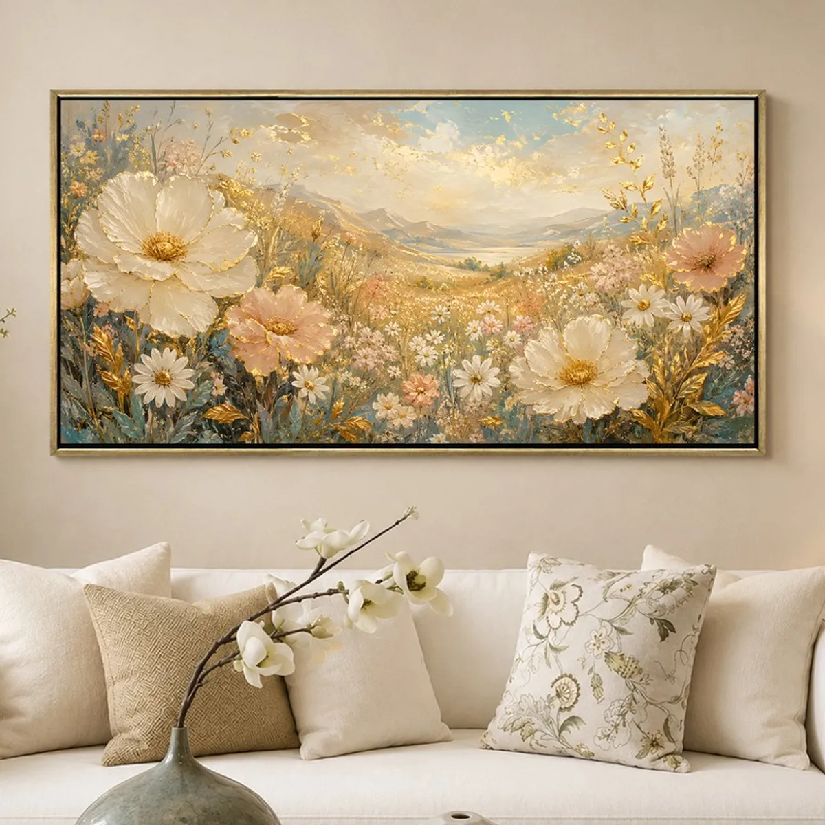 Large framed meadow landscape painting displayed above a white sofa