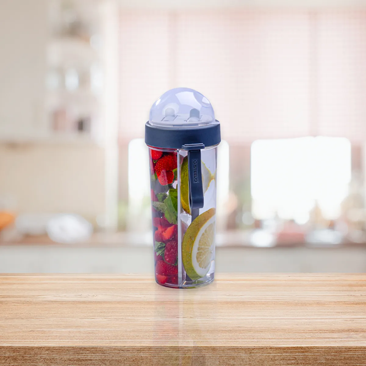 Dual-compartment bottle standing upright on a wooden surface