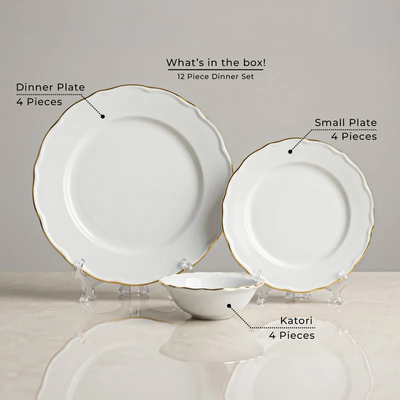 White dinner plate, side plate and bowl with gold rim detailing