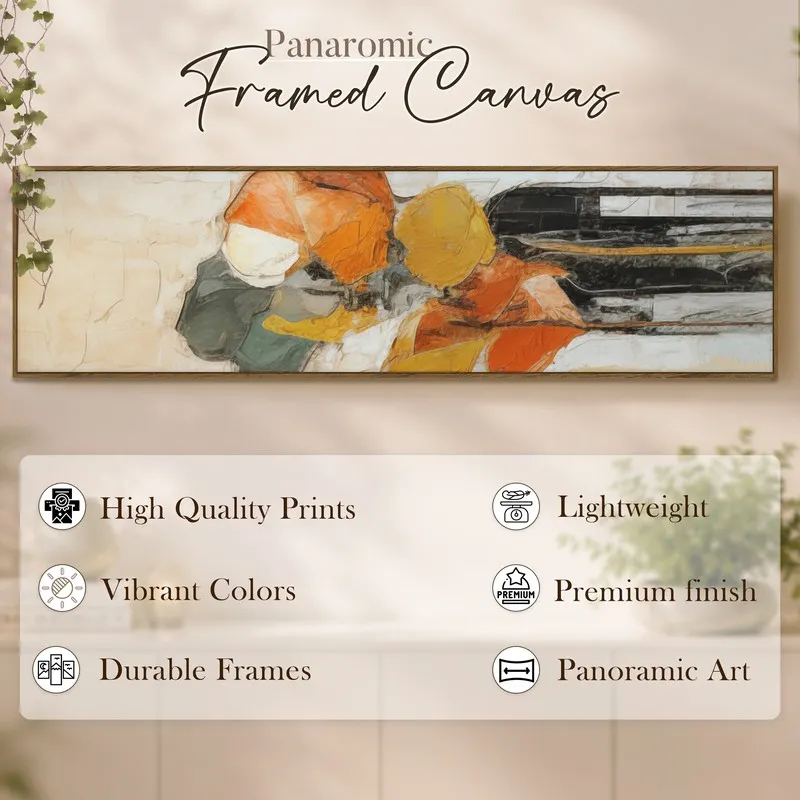 Rectangular framed abstract canvas art with feature text overlay