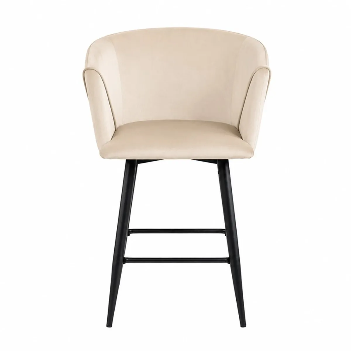 Front view of off white velvet bar chair with black metal frame