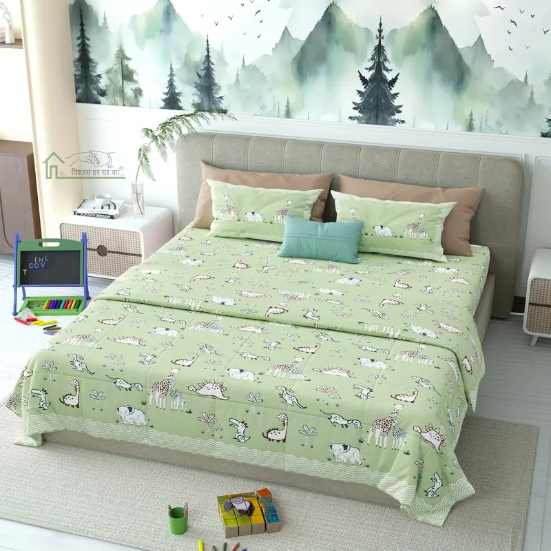 Little Pals Printed Cotton Kids Bedsheet (Green) - 120 TC