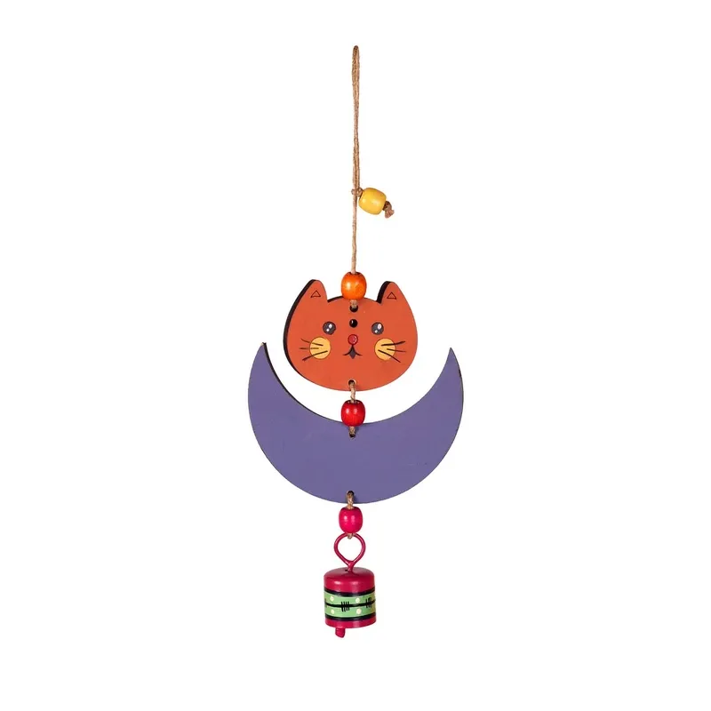 Close-up of the multicolour cat and purple moon windchime on a white background.