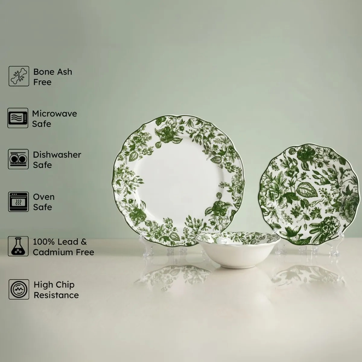 Green floral porcelain plate set with matching bowl on display