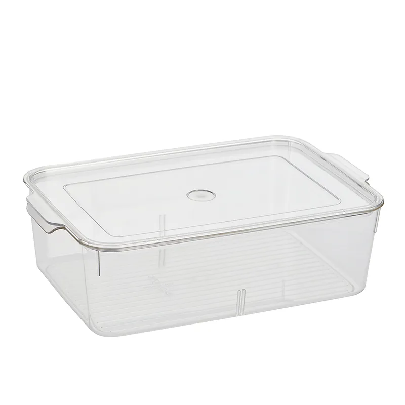 Single clear rectangular fridge organiser with lid on a white background