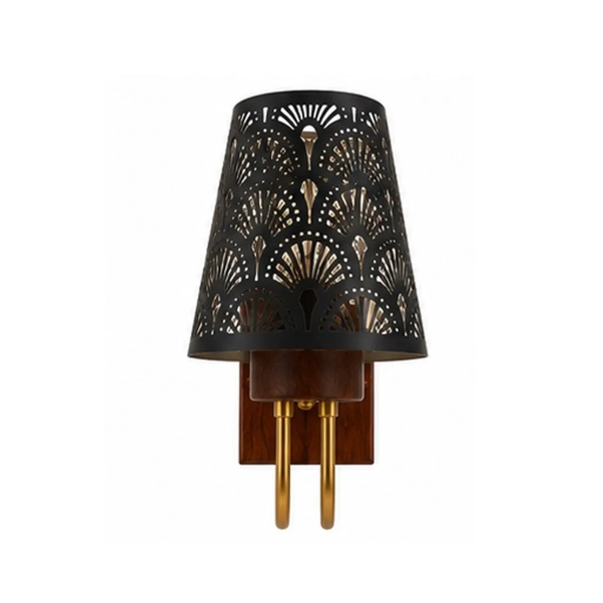 Front view of the black patterned wall lamp with wood backplate and curved gold-toned arms.