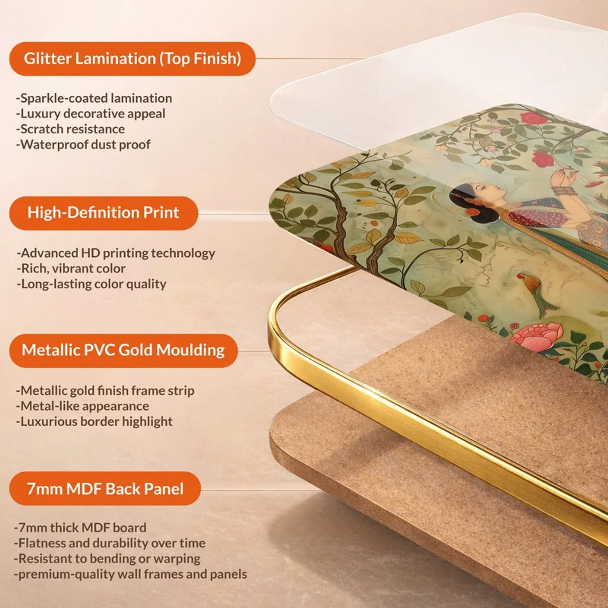 Layered view of arched wall art panel with gold border and back panel