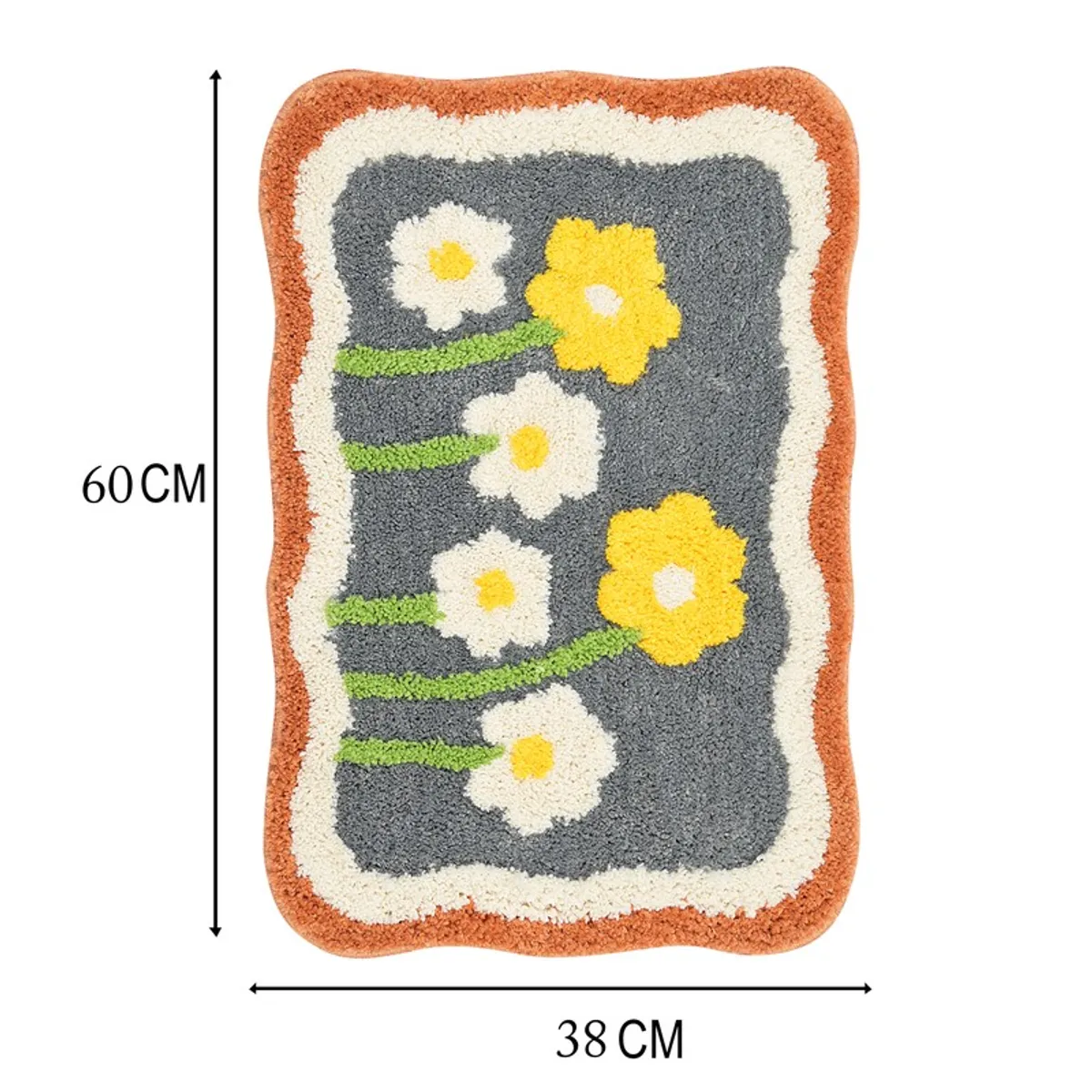 Floral bath mat shown with 38 cm x 60 cm dimensions