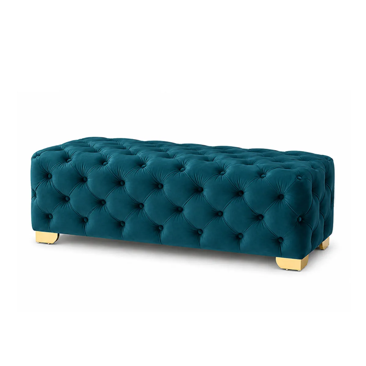 Angled view showing the teal velvet tufting and gold-finished bench legs