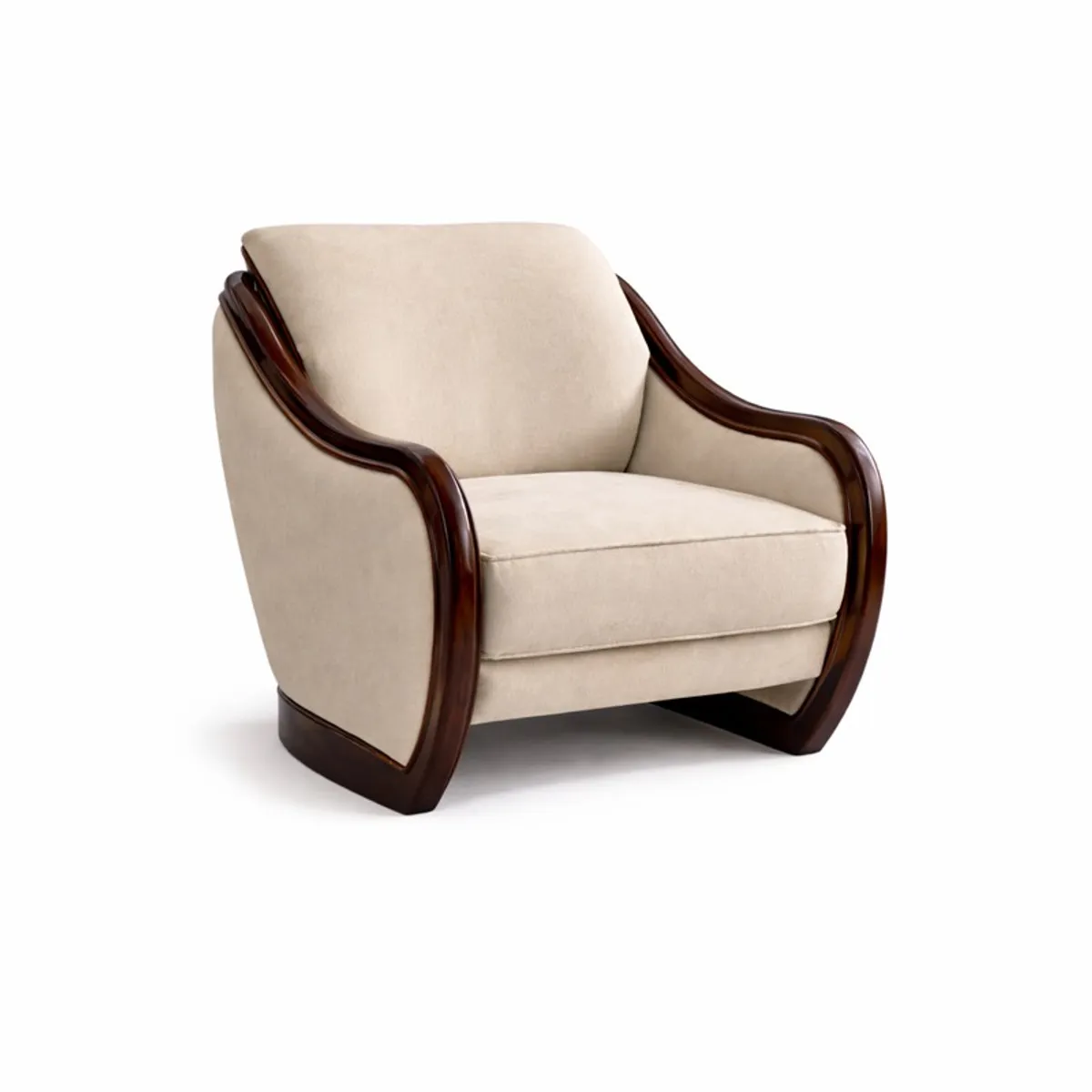 Three-quarter view of a beige velvet chair with curved wooden arms on white