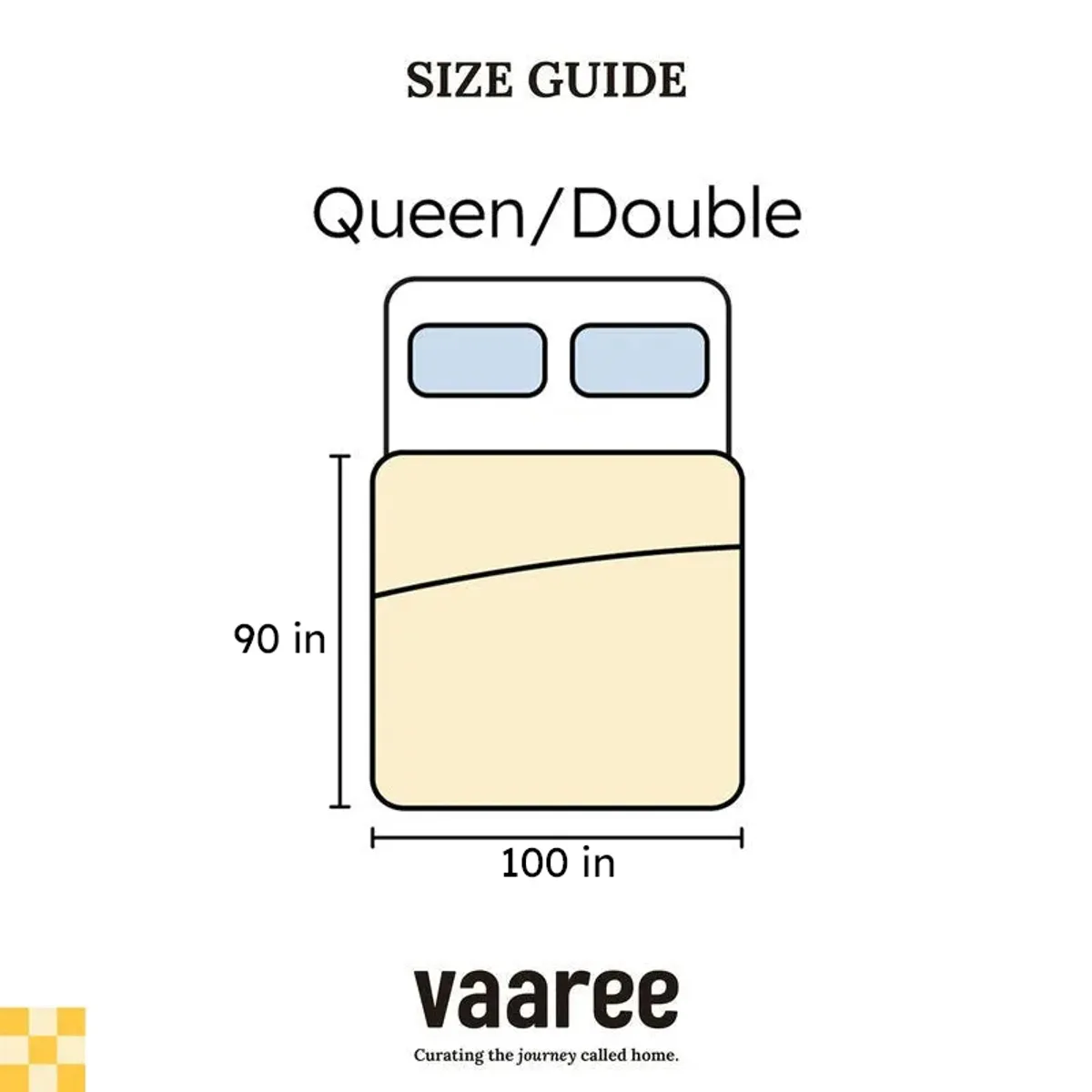 Queen/Double bedsheet size guide with 100 by 90 inch dimensions