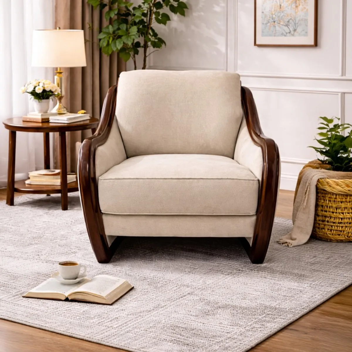 Front view of a beige accent chair with rounded back and dark wood frame