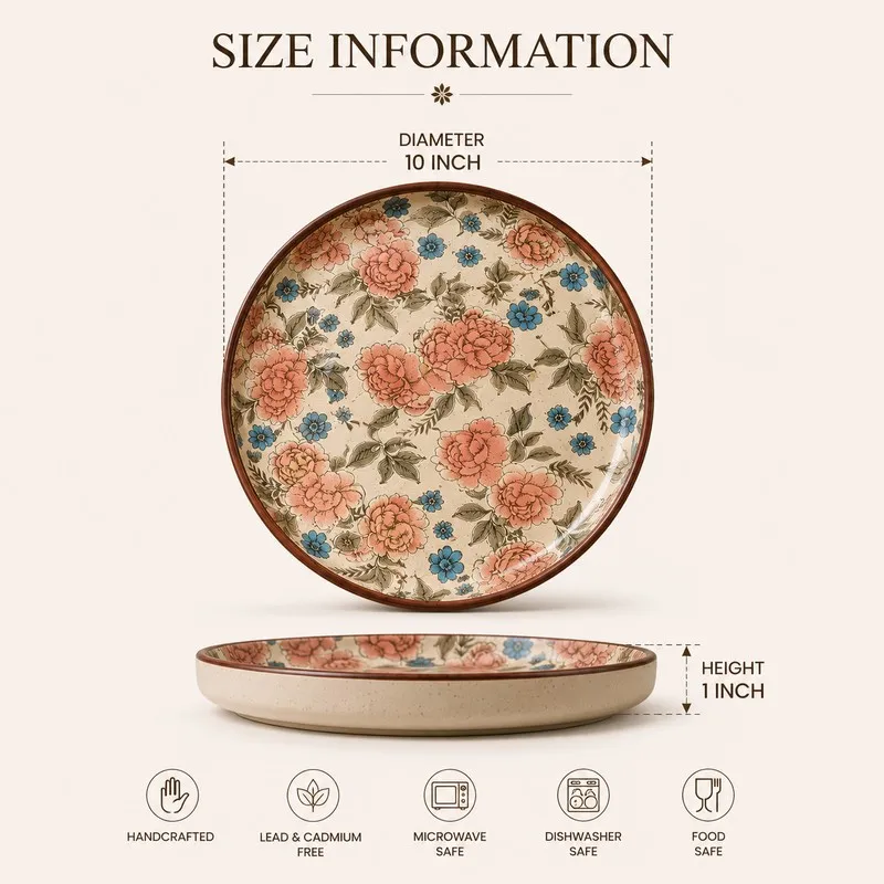 Round ceramic dinner plate shown front and side on a size information graphic