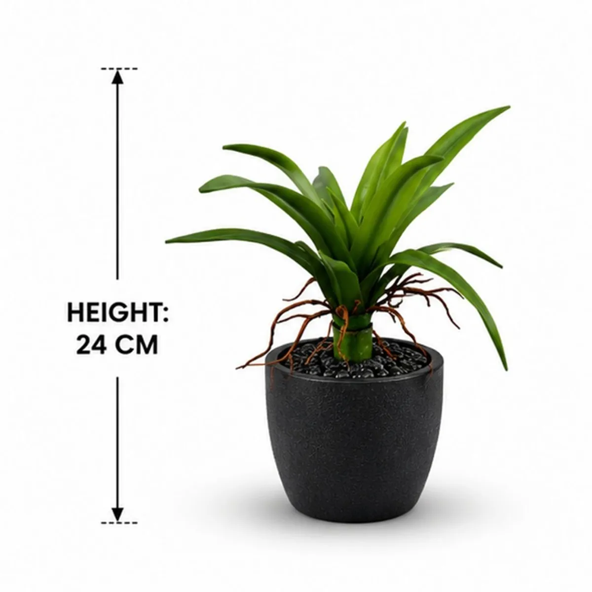 Green artificial bromeliad plant shown with a 24 cm height marker