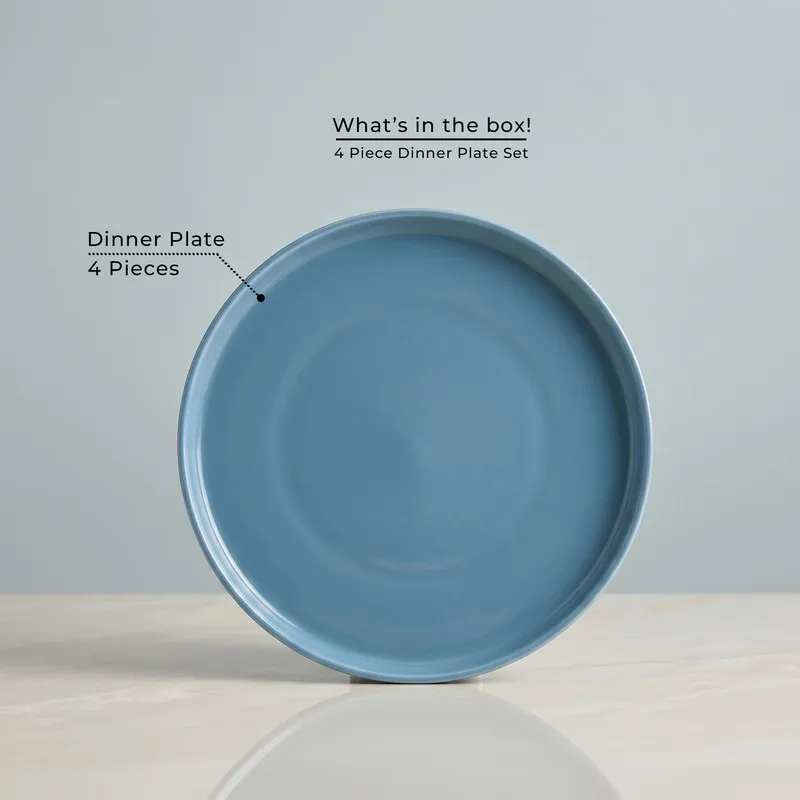 Single blue round dinner plate shown front-on