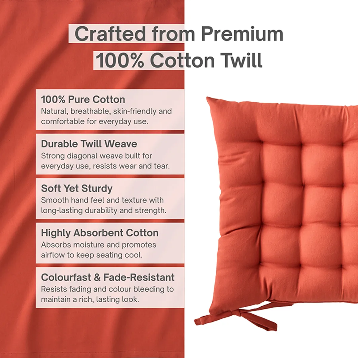 Orange chair pad tied securely to a wooden chair with fabric ties