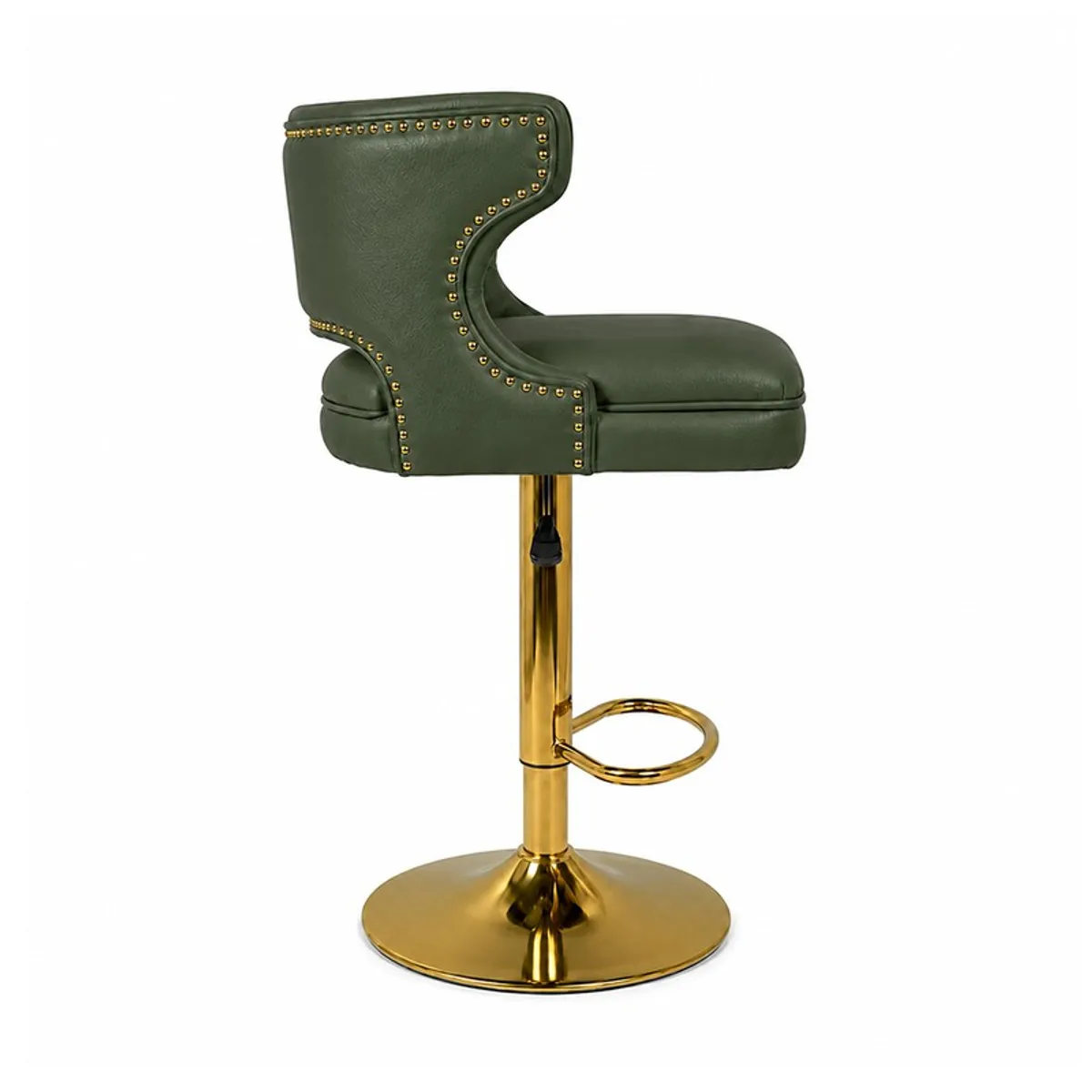 Side profile of a green swivel bar stool with gold-toned pedestal and circular footrest