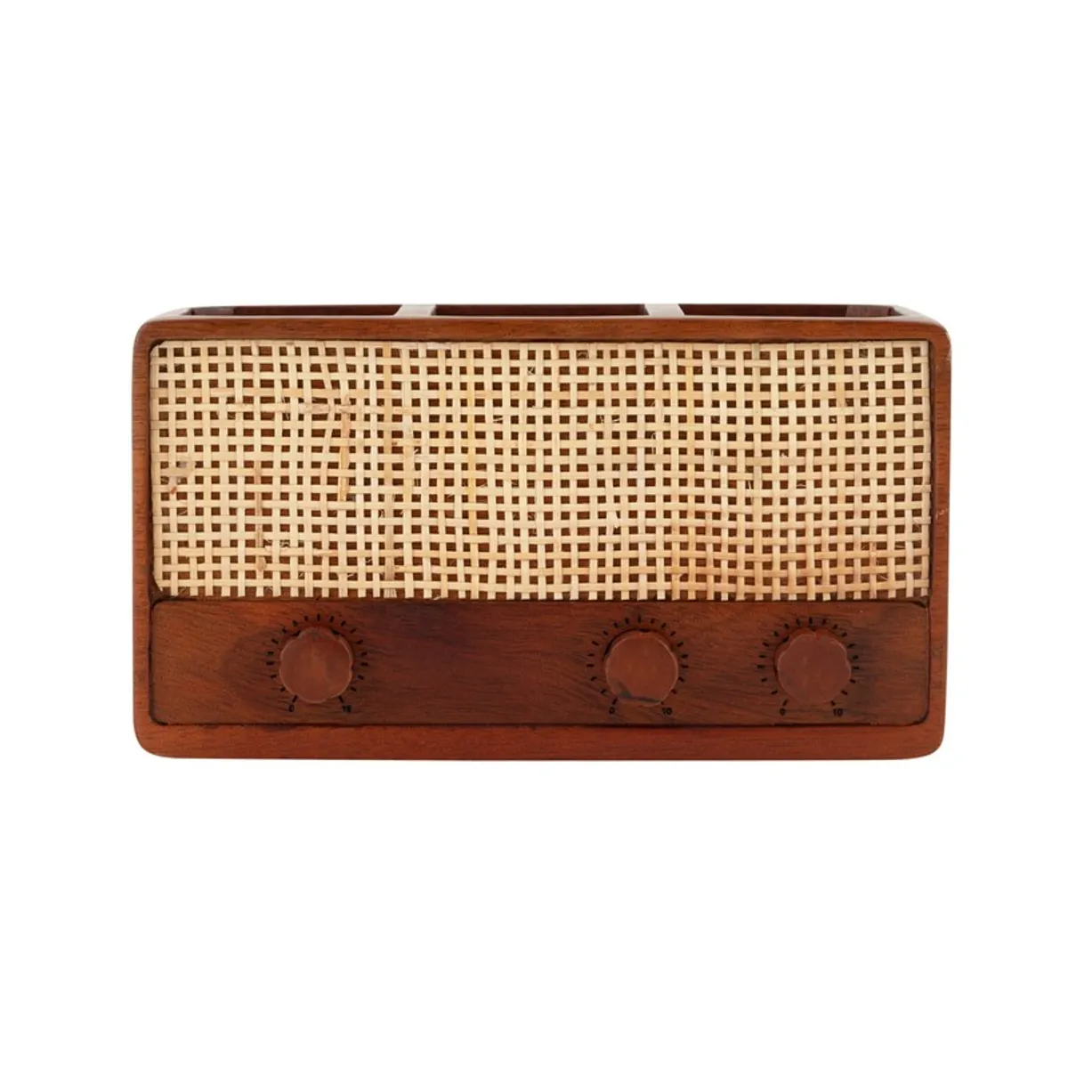 Front view of woven-panel wooden cutlery stand with three knob details
