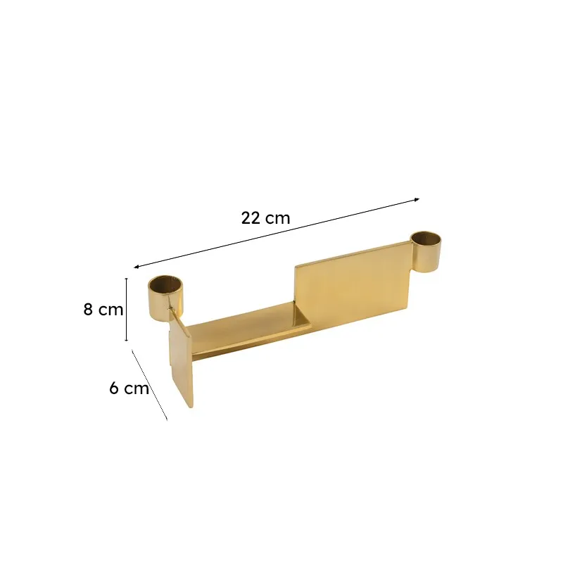Gold dual candle holder with visible dimension markings in the image