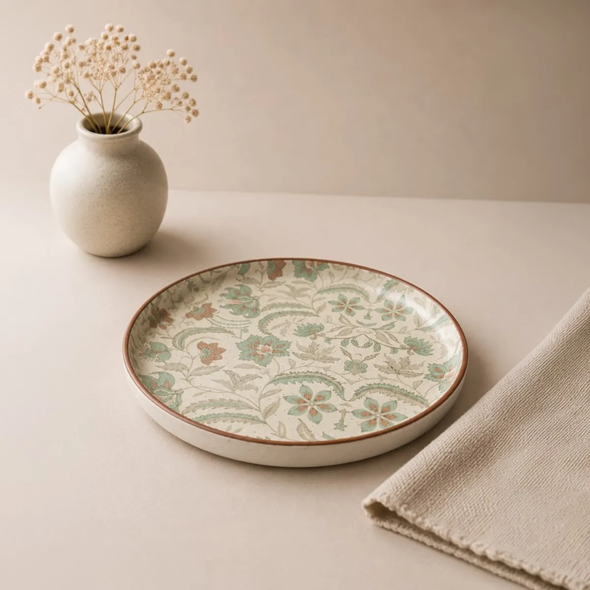 Single botanical floral ceramic quarter plate on a neutral tabletop
