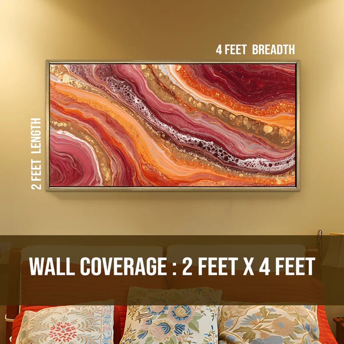 Horizontal abstract wall painting in red, orange and gold tones on a wall
