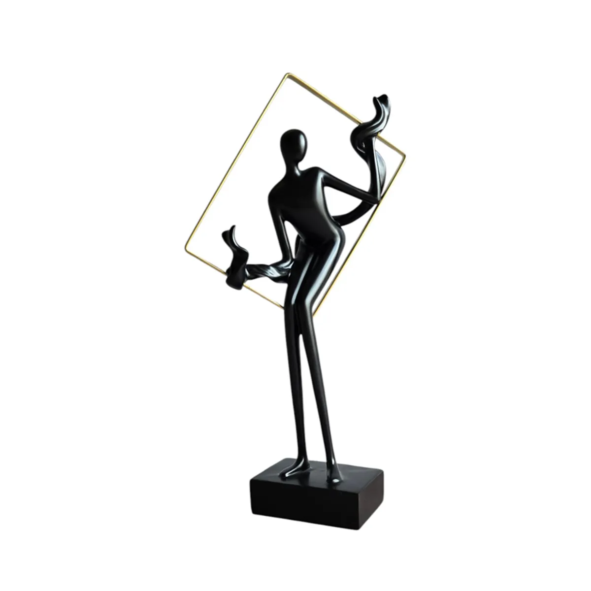 Front view of a black and gold abstract figurine on a rectangular base
